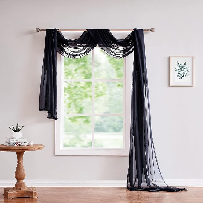 Warm Home Designs 24 Feet Long Sheer Black Window Scarf. These Extra Long Length Valance Window Scarves are 54 X 288 Inches in Size. Great as Bed Canopy or Wedding Arch Draping Fabric. AM Black 288"