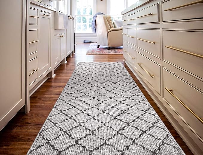 Custom Size Modern Runner Rug Carpet for Hallway Entryway Foyer Kitchen, Slip Resistant Latex Rubber Backed 31 inch Wide X Customized Length, Trellis Grey, 31 inch X 20 feet