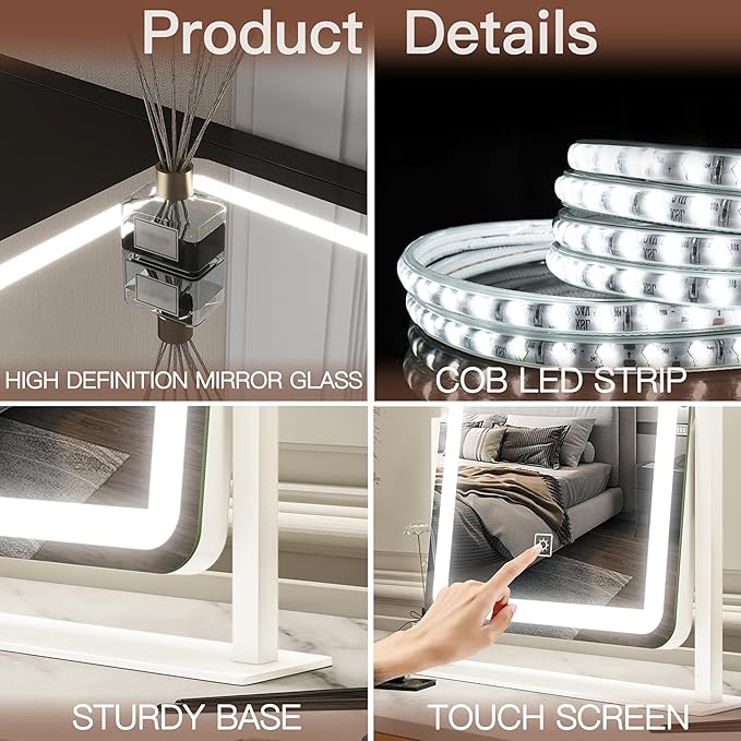 FENNIO Vanity Mirror with Lights - 15"x12.6" LED Lighted Makeup Mirror, Large Makeup Mirror with Lights, Touch Screen with 3-Color Lighting, Dimmable, for Vanity Desk Tabletop, Bedroom