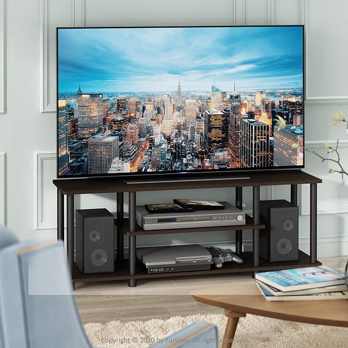Furinno Turn-N-Tube No Tools 3D 3-Tier Entertainment TV Stand up to 50 inch TV, Round Tubes, Dark Brown / Black