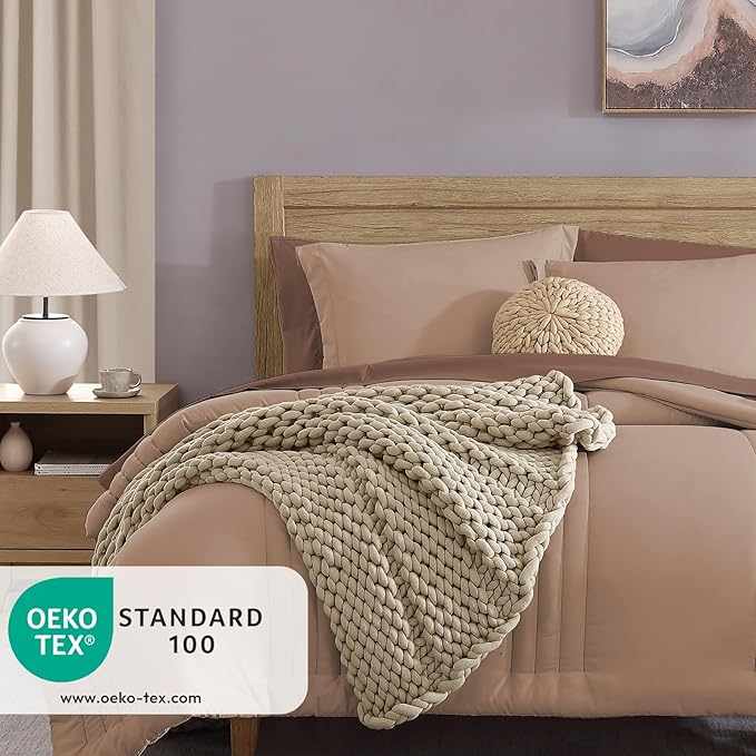 Monbix Twin XL Size Comforter Set - Extra Long 5 Pieces Dorm Bedding Sets, Quilting Design Fluffy Bed in a Bag Twin XL with Sheets, Pillowcase & Sham(Rust Pink)