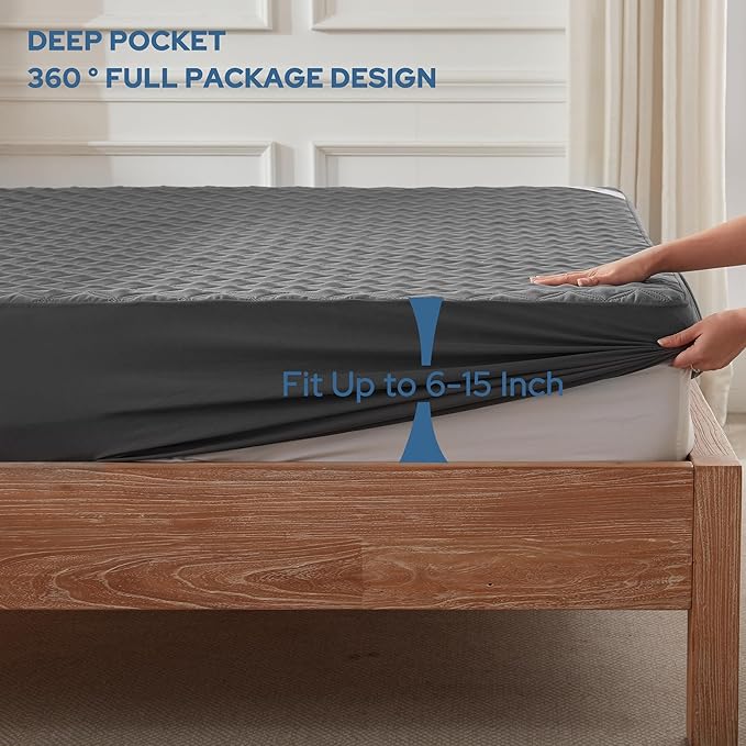 BEDLORE Waterproof Mattress Protector, Noiseless Twin XL Size Mattress Pad with Deep Pocket Fitted Up to 6"-15", Soft Breathable Dirt-Proof Mattress Cover for College Dorm (Gray)