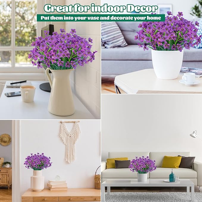 Lnoicy 24 Pcs Artificial Flowers for Outdoor,Plastic Flowers Decoration, UV Resistant Faux Flowers Shrubs, Artificial Plants for Indoor Outside Garden Home Wedding Farmhouse（Purple