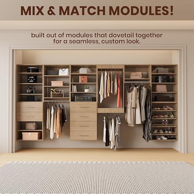 ROOMTEC 25.5" Shoe Shelf Short Tower Closet Unit, Modular Closet System with Shelf, Wardrobe Organizer for Bedroom or Walk-in Closet, Wall Mounted, Customizable Clothes Storage Unit, Wood