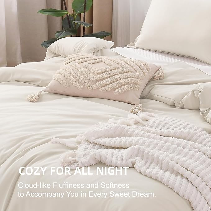 Litanika Comforters Beige Oversized Queen Size, 3 Pieces Lightweight Solid Bedding Comforter Set, All Season Fluffy Bed Set (98x98In Comforter & 2 Pillowcases)