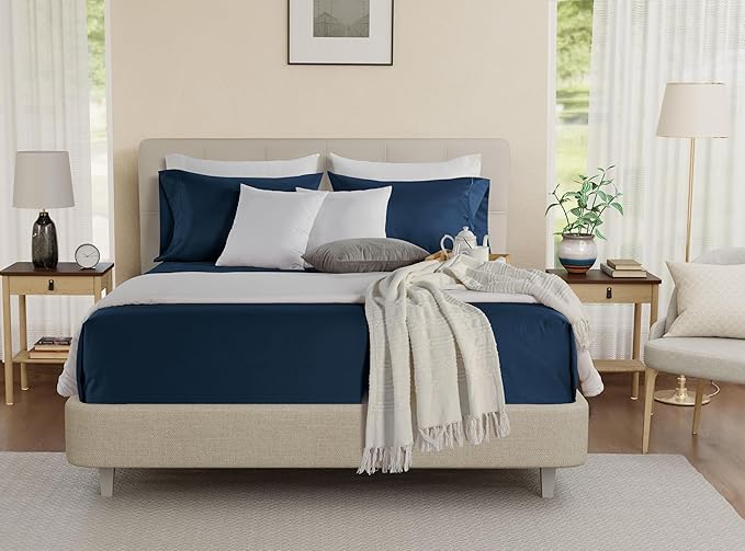 100% Egyptian Cotton Sheets For King Size Bed, 800 Thread Count Deep Pocket King Sheet Set, Elasticated Sheet & Pillowcase Sets, No Pill & Shrink, Soft & Comfy Naturally Cool & Breathable- Dark Denim