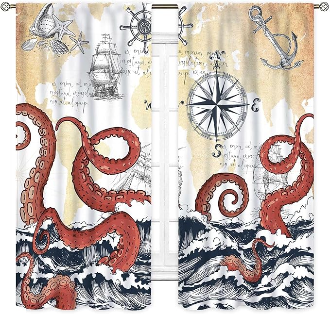 Nautical Octopus Curtains, Coastal Old Pirate Map Sailboat Compass Ocean Wave Kraken Octopus Tentacles Vintage Window Drapery Treatment for Bedroom Living Room Kitchen Bathroom 2 Panels, 84"x63" Inch
