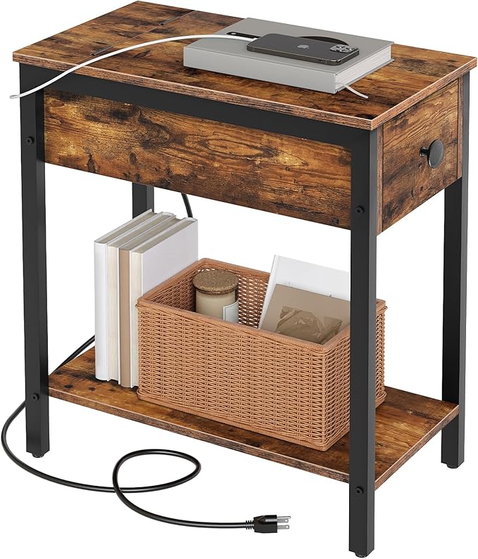 HOOBRO End Table with Charging Station, Narrow Side Table, Small Nightstand, Bedside Tables with Drawer and Storage Shelves, for Small Spaces, Living Room, Bedroom, Rustic Brown and Black BF041BZ01G1