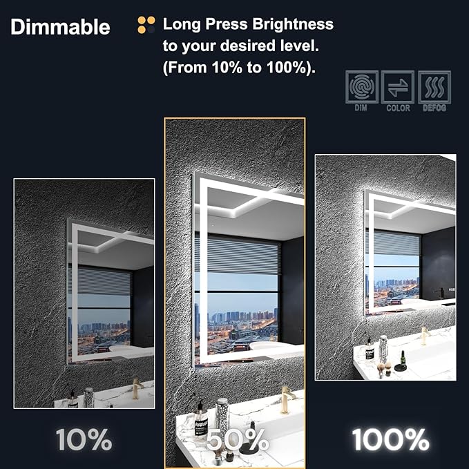 LED Bathroom Mirror with Lights 28"x 32", Front Lit and Backlit Mirror Bathroom,Stepless Dimmable,Anti-Fog, Shatter-Proof, Memory, Lighted Vanity Mirror (Horizontal/Vertical)