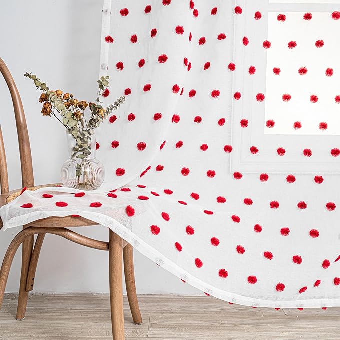 MYSKY HOME Red Pom Pom Curtains for Kitchen 45 Inch Long Bedroom Curtains Christmas Small Windows Light Filtering Sheer Curtains for Nursery Short Cafe Bathroom Privacy Rod Pocket 2 Panels 52 x 45 in