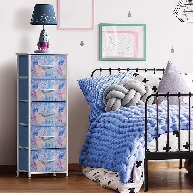 Sorbus Fabric Dresser for Kids Bedroom - Chest of 5 Drawers, Tall Storage Tower, Clothing Organizer, for Closet, for Playroom, for Nursery, Steel Frame, Fabric Bins - Wood Handle (Tie-dye Blue)