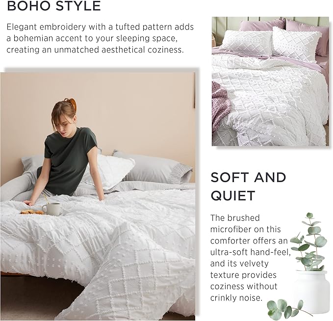 Bedsure Queen Comforter Set - White Comforter, Boho Tufted Shabby Chic Bedding Comforter Set for Kids, 3 Pieces Vintage Farmhouse Bed Set for All Seasons, Fluffy Soft Bedding Set with 2 Pillow Shams