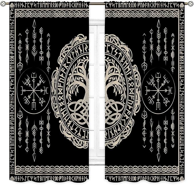 Viking Curtains, Nordic Tree of Life Celtic Rune Scandinavian Gothic Norse Mythology Aesthetic Retro Drapery for Bedroom Living Room Bathroom Window 2 Panel Set, 84"x63" Inch