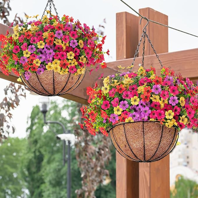 Orgrimmar 2 Pack Artificial Hanging Flowers Basket Outdoor Fake Hanging Plants UV Resistant Realistic Silk Flowers Eucalyptus in Coconut Lining Baskets for Home Porch Balcony Patio Yard Muti-Color