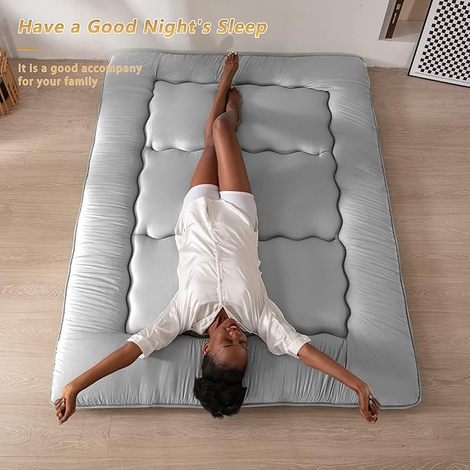 MAXYOYO Japanese Floor Mattress Futon Mattress, Thicken Daybed Futon Roll Up Guest Mattress Thicken Sleeping Pad Foldable Tatami Mat Floor Lounger Bed Couches and Sofas, Grey, Queen