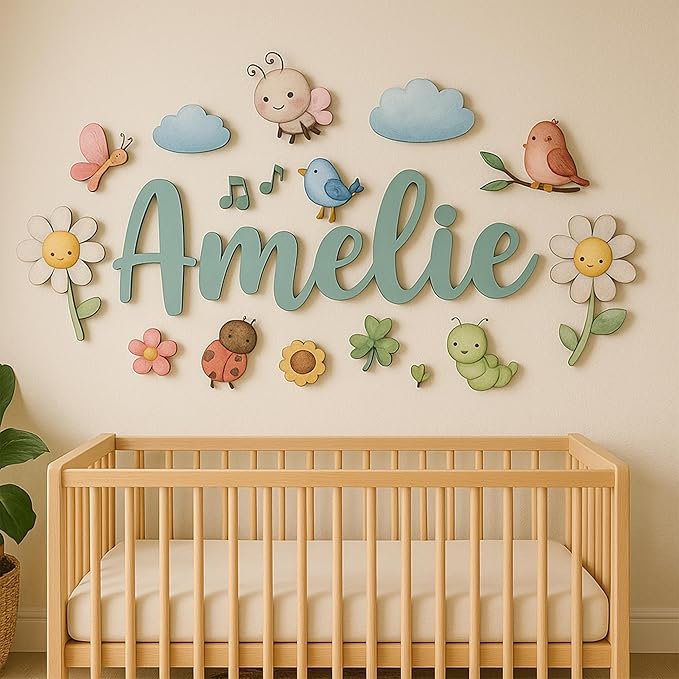 Custom Nursery Name Sign with Themed Decor Kit | Personalized Wooden Wall Art for Baby, Kids Room | Space, Jungle, Circus, Under the Sea, Woodland, Rainbow (60", Fairy Garden)