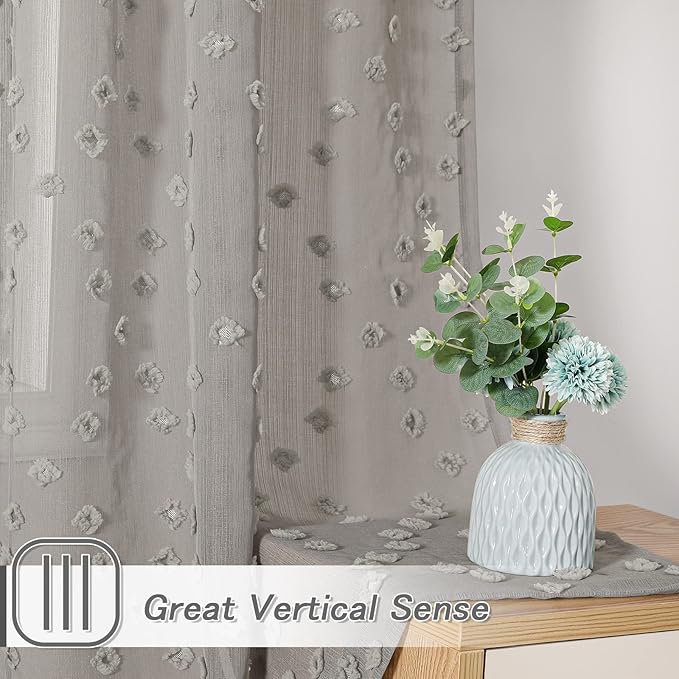 MYSKY HOME Grey Sheer Short Curtains with Pom Pom for Small Windows Bedroom Nursery Kids Girls Room Curtains Cafe Kitchen Light Filtering Boho Drapes, Rod Pocket,38 x 54 Inches, 2 Panels
