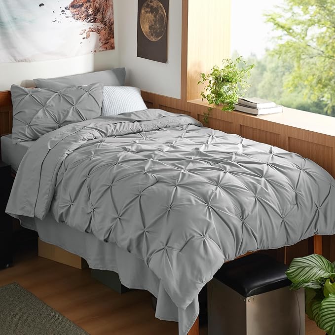 Bedsure Twin XL Comforter Set - Extra Long 5 Pieces Dorm Bedding Sets, GentleSoft™ Pinch Pleat Grey Bed in a Bag with Pintuck Comforter, Sheets, Pillowcase & Sham