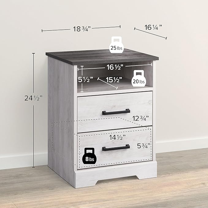 Prepac Rustic Ridge Farmhouse Bedroom Nightstand with 2 Drawers and an Open Cubby, Wooden Bedside Table for Bedroom, Office, or Living Room, 16.25in x 18.75in x 24.5in, Washed White