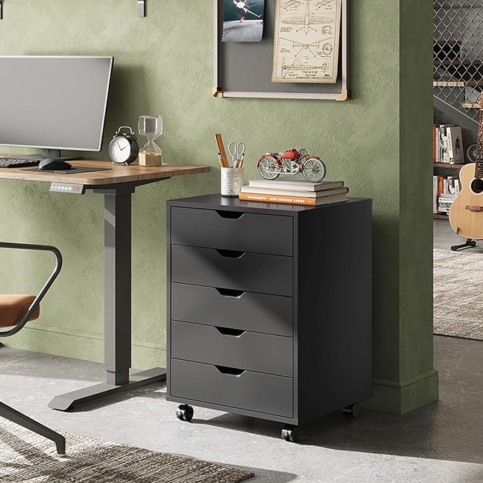 DEVAISE 5-Drawer Chest, Wood Storage Dresser file Cabinet with Wheels, Mobile Dresser for Home Office, Black