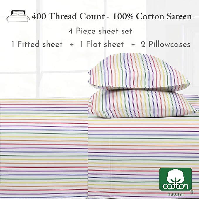 California Design Den Full Size Bed Sheets Set - 400 Thread Count Sateen, Natural 100% Cotton Sheets, Deep Pocket Cooling and Durable Bedding Set - Rainbow Striped