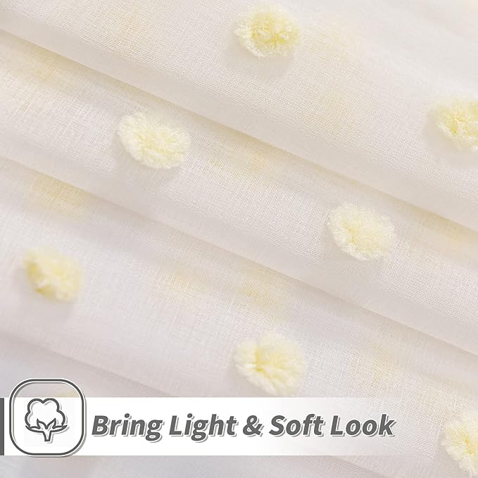 MYSKY HOME Short Curtains for Small Window - 45 Inch Long Pom Pom Sheer Curtains for Bedroom, Living Room, Kitchen, Nursery - Yellow Cafe Panels with Rod Pocket - 2 Sets Voile - 52 x 45 in