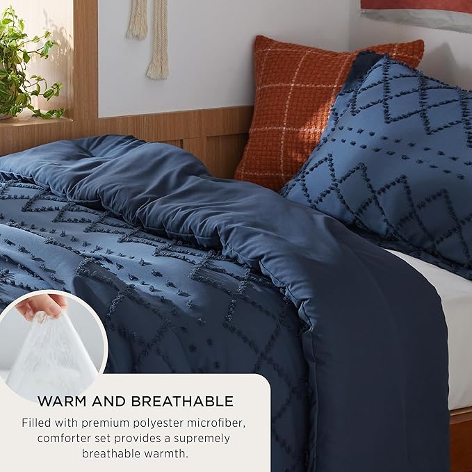 Bedsure Twin Comforter Set - Navy Blue Comforter, Boho Tufted Shabby Chic Bedding for Kids, 2 Pieces Vintage Farmhouse Bed Set for All Seasons, Fluffy Soft Bedding with 1 Pillow Sham