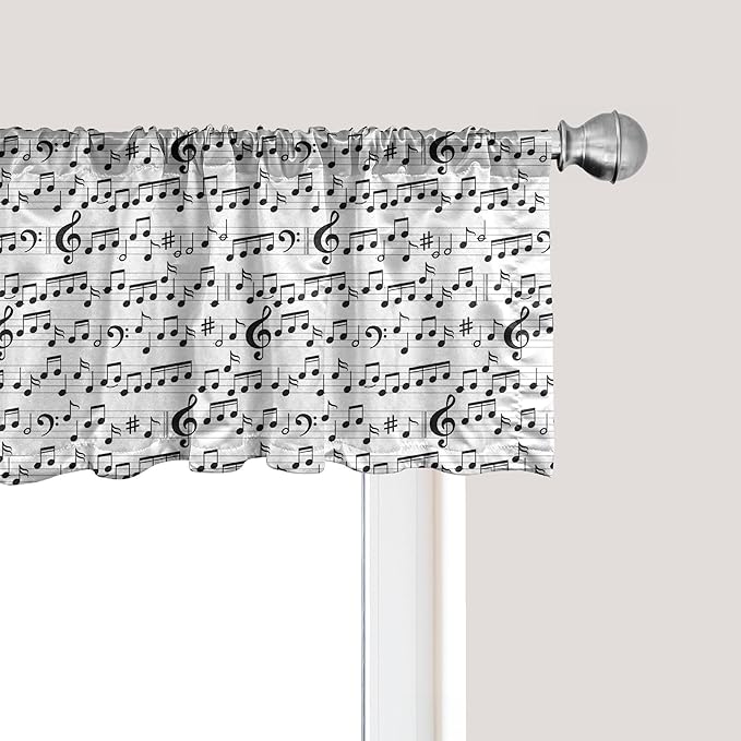 Ambesonne Music Window Valance Pack of 2, Abstract Style Professional Pattern Notes and Clef Sheet Play Writing Print, Rod Pocket Curtain Valances for Kitchen Bedroom, 54" X 18", Black White
