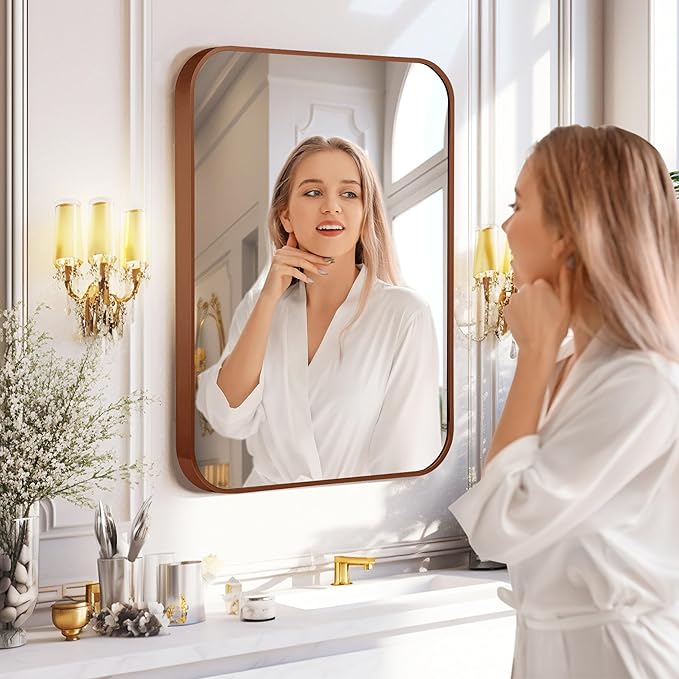 22"x30" Brushed Bronze Bathroom Mirror for Wall, Rounded Rectangle Mirror with Brown Metal Frame Hanging for Bathroom Entryway Vanity,Living Room,Bedroom,Vertical or Horizontal