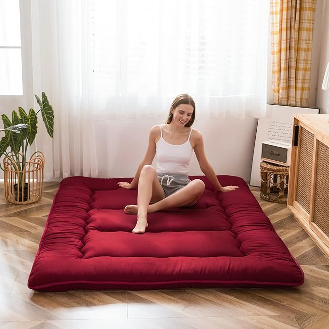 MAXYOYO Japanese Floor Mattress Futon Mattress, Thicken Sleeping Pad Foldable Roll Up Floor Futon for Adults Tatami Mat Dormitory Bed Lounger, Burgundy, Full Size