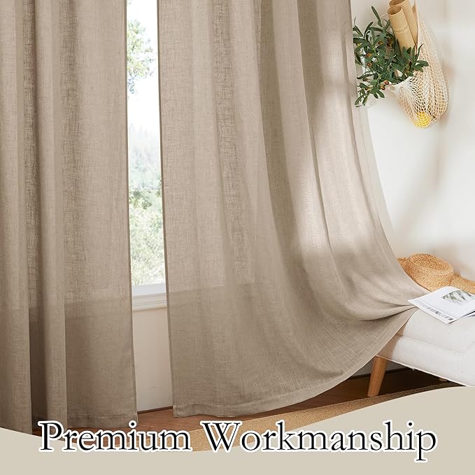 RYB HOME Natural Linen Blend Sheer Curtains for Kitchen, Semi Sheer Light Filtering Privacy Protected Rod Pocket Curtain Panels for Small Window, 52 x 45 inch, Khaki, 2 Panels Set