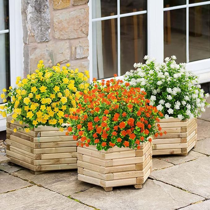 GREENRAIN Artificial Flowers Outdoor Fake Flowers for Decoration UV Resistant No Fade Faux Plastic Plants Garden Porch Window Box Décor (6 Bundles, 4#White)