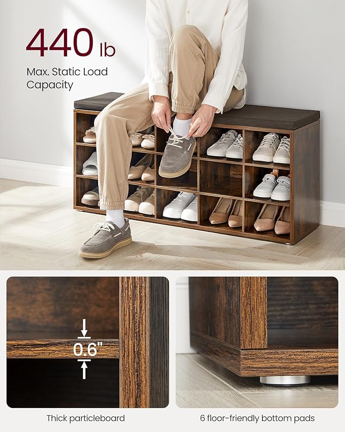 VASAGLE CUSTOS Collection - Shoe Bench, Storage Bench with Padded Seat, Entryway Bench with 15 Compartments, for Bedroom, 11.8 x 41.3 x 18.9 Inches, Rustic Brown and Chestnut Brown ULHS15BX