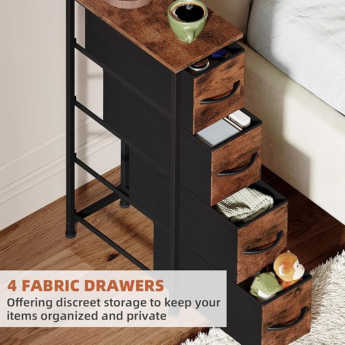 Somdot Narrow Dresser with 4 Drawers, Slim Storage Organizer Chest of Drawers with Removable Fabric Drawers for Small Spaces Bathroom Closet Bedroom Laundry, Wood Grain Print