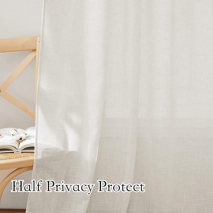RYB HOME Long Sheer Curtains 108 inches Linen Textured Semi Sheer Curtains Privacy Light Airy Window Dressing for Living Room Bedroom Nursery Canopy Bed, Linen, W 70 x L 108, 2 Panels