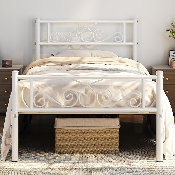 Yaheetech Twin Bed Frames Metal Platform Bed with Headboard and Footboard No Box Spring Needed Easy Assembly,Under-Bed Space: 12.6''/White/Twin Bed
