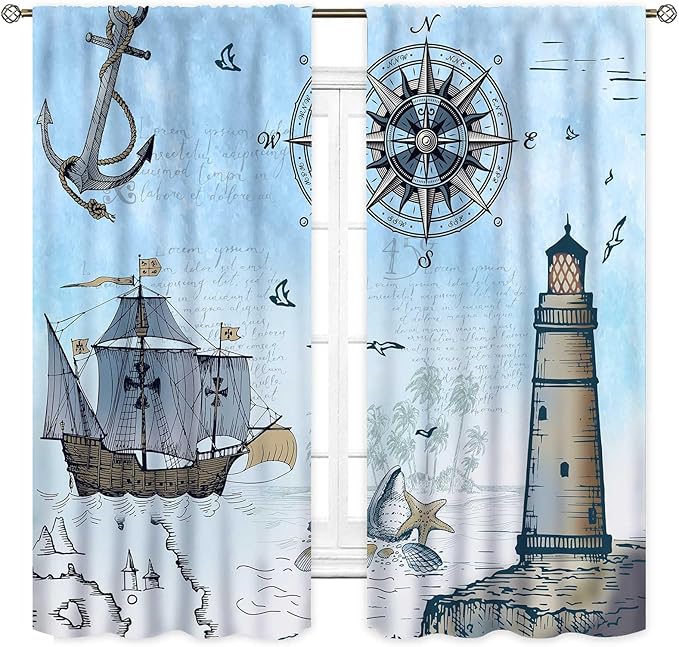 Nautical Curtains, Vintage Marine Coastal Sailboat Compass Anchor Ocean Beach Lighthouse Watercolor Blue Decorative Drapes for Bedroom Living Room Kitchen Bathroom Window 2 Panels Set, 55"x63" Inch