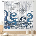 Nautical Curtains, Coastal Old Pirate Map Sailboat Compass Anchor Vintage Ocean Kraken Octopus Tentacles Blue Marine Window Drapery Treatment for Bedroom Living Room Kitchen Bathroom, 42"x45" Inch