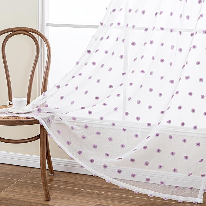MYSKY HOME Short Curtains for Girls Bedroom Purple Pom Pom White Semi Sheer Curtains Kitchen Bathroom 54 Inches Long Curtains Nursery Boys Kids Room Rod Pocket 2 Panels Small Window 52" x 54"