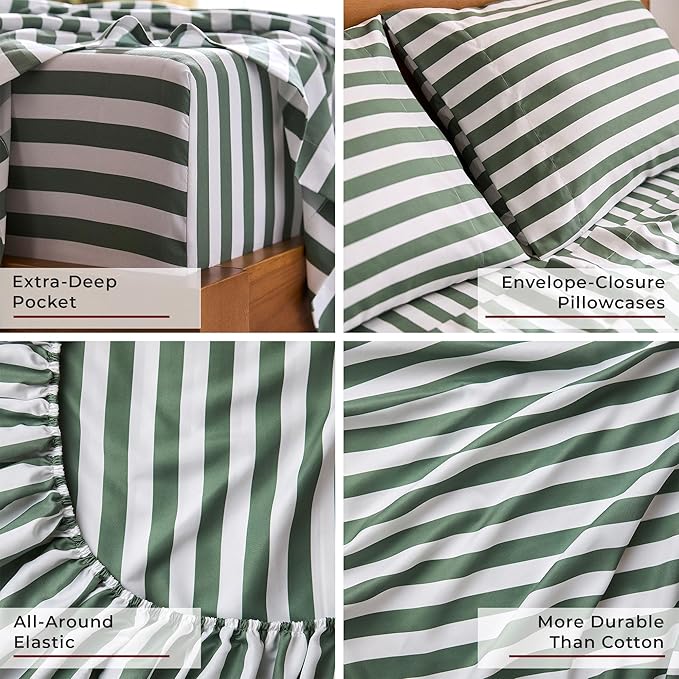 Mellanni California King Sheets Set - 4 PC Iconic Collection Bedding - Hotel Luxury, Extra Soft, Cooling Bed Sheets - Wrinkle, Fade, Stain Resistant (Cal King, Oxford Stripe Sage)