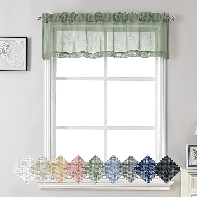 Aiyufeng Kirei Sage Green Kitchen Sheer Valance Curtains 14 Inch Length, Voile Linen Sheer Cafe Curtains for Bathroom Farmhouse Country Light Filtering Short Window Curtain 1 Panel(Green, 60 W x 14 L)