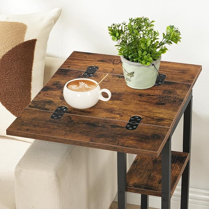 HOOBRO Foldable End Table, C Shaped Side Table with Storage Shelf, Small Snack Table Suitable for Living Room Bedroom Small Spaces, Easy Assembly, Rustic Brown BF29SF01