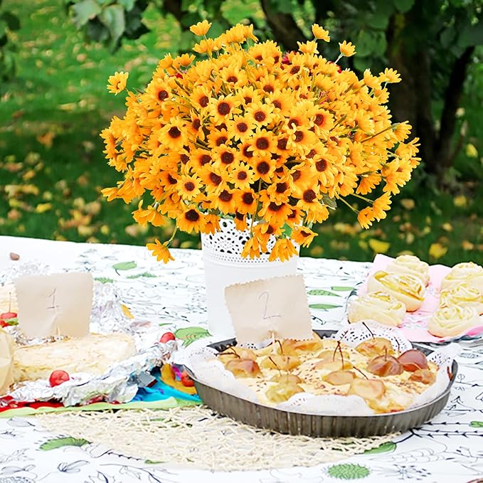 Uieke 6 Bundles Sunflowers Artificial Flowers Daisy Mums Fake Flowers Outdoor UV Resistant No Fade Fall Flowers 24 Stems Greenery Shrubs Indoor Outside Home Wedding Office DIY Garden Décor (Yellow)