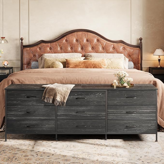 Huuger 63 Inch Dresser for Bedroom, Dresser for Closet with 9 Drawers, Large TV Stand for 55, 65, 70 Inch TV, Entertainment Center, Wide Long Chest of Drawers, Charcoal Black Wood Grain Print
