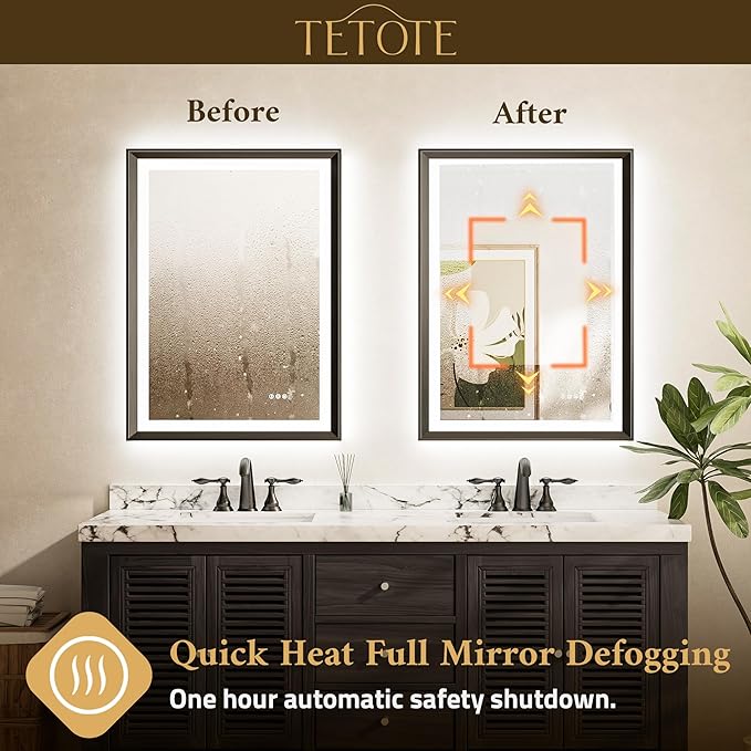 TETOTE Black LED Bathroom Mirror with Lights 42x36 Front & Back Light Vanity Framed Mirror Baroque Anti Fog Dimmable White/Warm/Natural,CRI90+,Waterproof,Wall Mounted(Horizontal/Vertical)