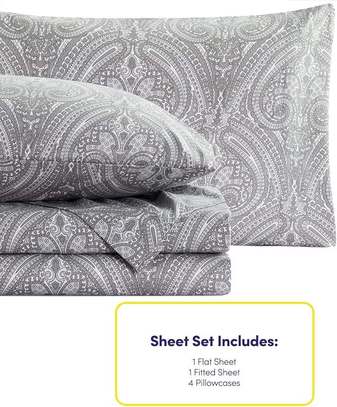 Queen Sheets Paisley Grey - 6 Piece 1500 Supreme Collection Fine Brushed Microfiber Deep Pocket Queen Sheet Set Bedding - 2 Extra Pillow Cases, Great Value, Queen, Paisley Gray