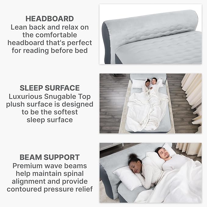 SleepLux Queen Air Mattress with Headboard | Supersoft Snugable Top, Extra Durable Tough Guard | Raised Airbed with Built in Pump + USB Charger (90"x60"x29") Grey