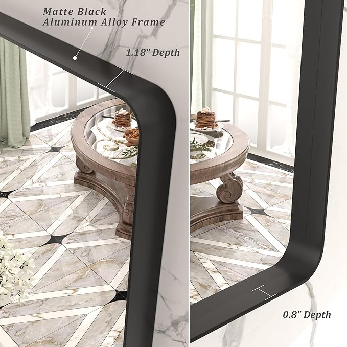 44x36 Inch Black Metal Framed Bathrrom Mirror for Wall, Black Matte Rounded Rectangle Bathroom Vanity Mirror, Anti-Rust, Tempered Glass, Hangs Horizontally or Vertically