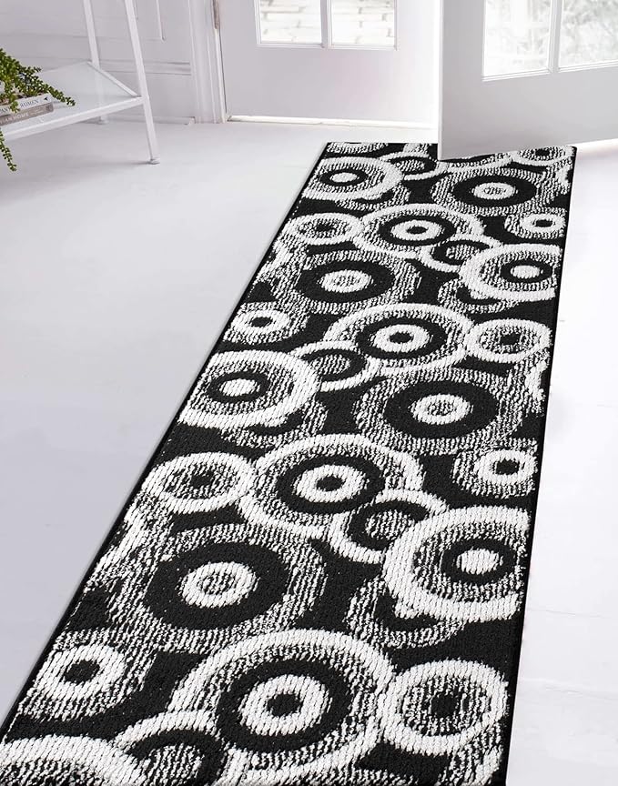 Custom Length Cut to Size Modern Farmhouse Carpet Runner Rug for Hallways, Non Slip Rubber Backed, 31 inch Wide X Customized Length, Geo Black, 31 inch X 20 feet
