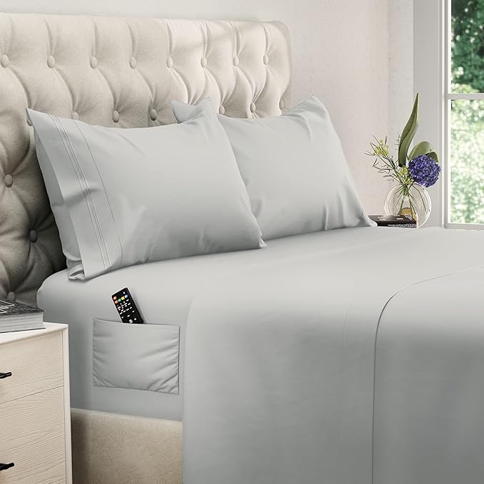 DREAMCARE Twin XL Sheet Sets - Cooling Bed Sheets - 4pcs Set - up to 15" Deep Pocket Twin XL Sheets - XL Twin Sheet Set – Soft & Long Lasting 100% Fine Brushed Polyester with Side Pocket - Light Gray
